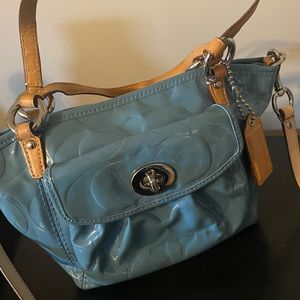 Blue Coach Embossed Signature Patent Leather Bag